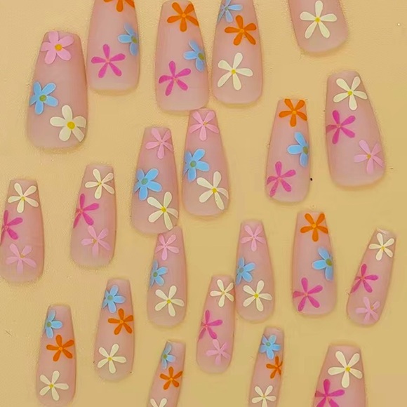 Acrylic Long Coffin Tip Matte Pastel Flower Barbiecore Fantasy Manicure Nails - Picture 4 of 6